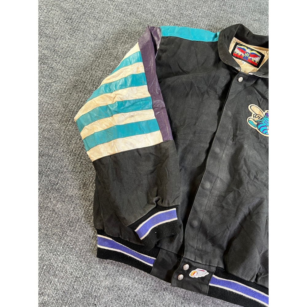 Vintage Jeff Hamilton Charlotte Hornets Leather 90s Varsity Jacket Mens XL Black - Picture 7 of 16